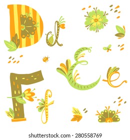 Font made with leaves, floral alphabet letters set, vector design.