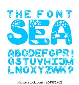 Font with marine elements. Water font with air bubbles. Travel, adventure, vacation, vacation, vacation contours of objects, items, characters and symbols