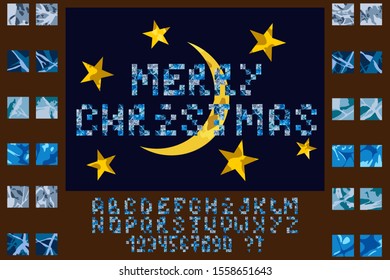 Font, merry Christmas. The font is made of ice squares, ice Texture, ice background twenty-four small squares. Vector image.