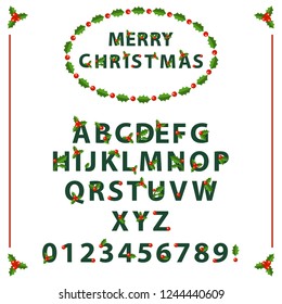 Font with Merry Christmas objects mistletoe.Vector illustration