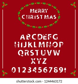 Font with Merry Christmas objects mistletoe.Vector illustration