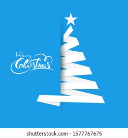 Font of Merry Christmas Text with Creative Xmas Tree made by White Ribbon on Blue Background.