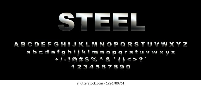 Font with metallic texture, chrome alphabet, steel letters. Metal font. Vector typography.