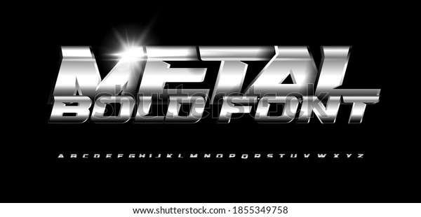Font with metallic texture, chrome alphabet,\
wide bold industrial extended letters, sport and muscular font.\
Vector typography