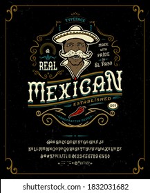 Font Mexican. Craft retro vintage typeface design. Graphic display alphabet. Fantasy type letters. Latin characters, numbers. Vector illustration. Old badge, label, logo template.
