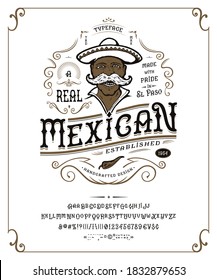 Font Mexican. Craft retro vintage typeface design. Graphic display alphabet. Fantasy type letters. Latin characters, numbers. Vector illustration. Old badge, label, logo template.
