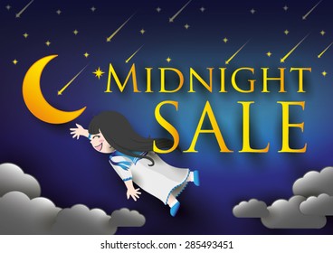 Font midnight sale on night sky with girl,moon,star.