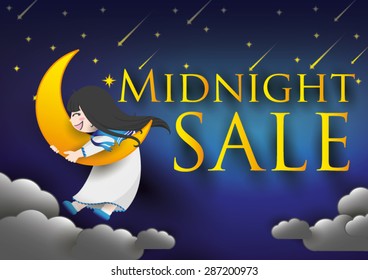 Font midnight sale on night sky with girl,moon,star.