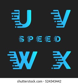 Font with motion effect. Typographic alphabet in a set. Modern typeface on dark background. Letters U,V,W,X.