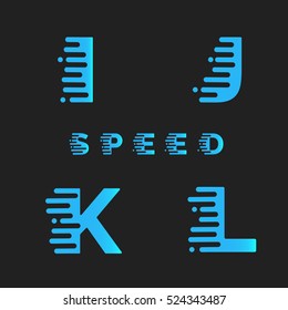 Font with motion effect. Typographic alphabet in a set. Modern typeface on dark background. Letters I,J,K,L.