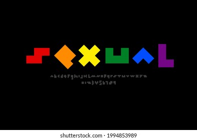 Tipo de letra en el estilo multicolor, alfabeto de juego en negrita, letras y números, ilustración vectorial 10eps