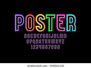 Font from multi colored, trendy bright alphabet, modern condensed capital Latin letters from A to Z and Arab numbers from 0 to 9, vector illustration 10EPS