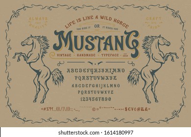 Font Mustang. Craft retro vintage typeface design. Graphic display alphabet. Uppercase and lowercase letters. Latin characters and numbers. Vector illustration. Old badge, label, logo template.
