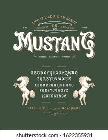  Font Mustang. Craft retro vintage typeface design. Graphic display alphabet. Uppercase and lowercase letters. Latin characters and numbers. Vector illustration. Old badge, label, logo template.
