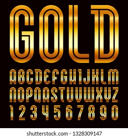 Font name Disco. Trendy alphabet, golden vector bright letters on a black background.