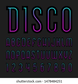 Font name Night Disco. Trendy alphabet, colorful letters on a dark background.