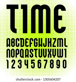 Font name Time. Trendy alphabet, black vector letters on a green background.