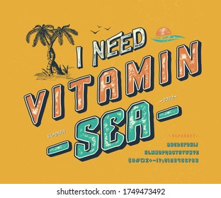 Font I need  vitamin sea. 3d display typeface. Bold modern alphabet. Vector letters and number. Vintage type. 