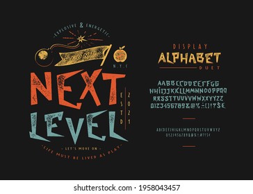 Font Next Level.  Craft retro vintage typeface design. Graphic display alphabet. Fantasy type letters. Latin characters, numbers. Vector illustration. Old badge, label, logo template.