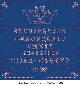 Font normal, Sweet cane, caramel, red and white letters on a blue background, illustration, vector