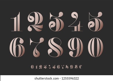 Font of numbers in classical french didot or didone style with contemporary geometric design. Beautiful elegant numeral, dollar and euro symbols. Vintage and retro typographic. Vector Illustration