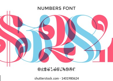 Font of numbers in classical french didot or didone style with contemporary geometric design. Beautiful elegant numeral, dollar and euro symbols. Vintage and retro typographic. Vector Illustration