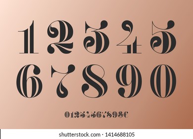 Font of numbers in classical french didot or didone style with contemporary geometric design. Vintage and retro typographic. Beautiful elegant numeral, dollar and euro symbols. Vector Illustration