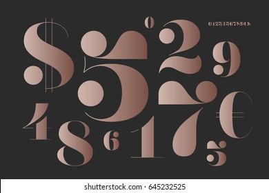 Font of numbers in classical french didot style with contemporary geometric design. Beautiful elegant stencil numeral, dollar and euro symbols. Vintage and retro typographic. Vector Illustration