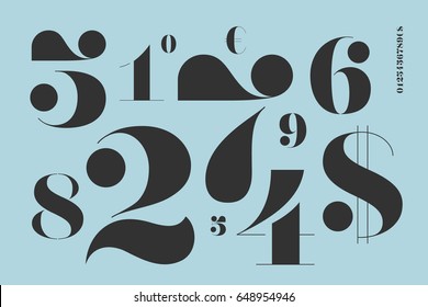 Font of numbers in classical french didot style with contemporary geometric design. Beautiful elegant stencil numeral, dollar and euro symbols. Vintage and retro typographic. Vector Illustration