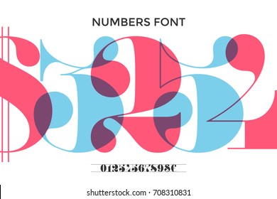 Font of numbers in classical french didot or didone style with contemporary geometric design. Beautiful elegant numeral, dollar and euro symbols. Vintage and retro typographic. Vector Illustration