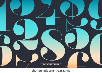 Font of numbers in classical french didot or didone style with contemporary geometric design. Beautiful elegant numeral, dollar and euro symbols. Vintage and retro typographic. Vector Illustration