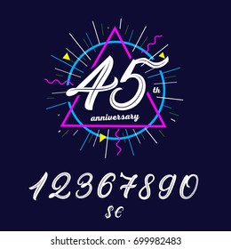 Font of numbers, dollar and euro hand written symbols and anniversary background. Inspirational calligraphy. Trendy colorful typography. Elegant vintage retro style. Isolated. Vector illustration.