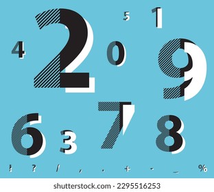 The font of numbers in a graphic style with a modern geometric design. Beautiful elegant numbers and symbols. Vintage and retro typography. Vector illustration