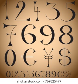 Font of numbers, hand drawn with geometric design isolated on background.For fashion magazine, print material and magazine.Retro and vintage typographic for web site, poster, placard and card template