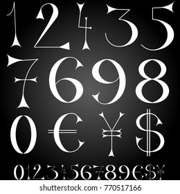 Font of numbers, hand drawn with geometric design isolated on black background.For fashion magazine, print material and magazine.Vintage typographic for web site, poster, placard and card template