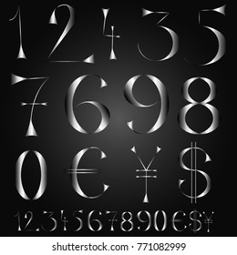 Font of numbers, hand drawn with geometric design isolated on black background.For fashion magazine, print material and magazine.Vintage typographic for web site, poster, placard and card template