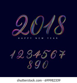 Font of numbers, hand written symbols. 2018 happy new year. Inspirational calligraphy. Trendy colorful style. Elegant vintage typography. Isolated on background. Vector illustration.