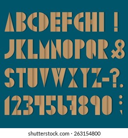 Font, numbers and punctuation mark made from old paper. Vector set
