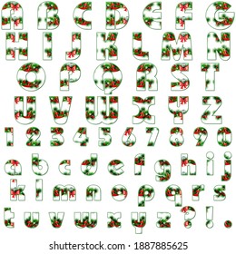 Fuente y numerales con ramas de árbol de Navidad Decoradas con bolas, arcos y canes de caramelo. Alfabeto. Mejor uso para tarjetas impresas, etiquetas, regalo, venta, año nuevo, Navidad. Abc de ilustración de vector