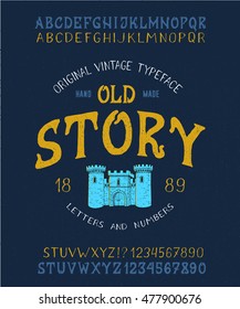 FONT OLD STORY. Hand crafted old retro vintage typeface design. Original handmade textured lettering type alphabet on navy background. Authentic handwritten font, vector letters and numbers.