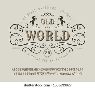 Font Old World. Craft retro vintage typeface design. Graphic display alphabet. Historic style letters. Latin characters and numbers. Vector illustration. Old badge, label, logo template. 