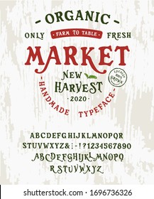 Font Organic Market.  Hand crafted typeface design. Handmade  alphabet type on a wooden board. Textured background. Doodle vector letters and numbers. Ecology template logo, label, badge, element.
