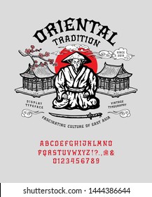 Font Oriental Tradition. Hand crafted retro vintage typeface design. Handmade  lettering. Authentic handwritten graphic latin alphabet. Vector illustration old badge label logo tee template.
