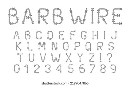 Font Out Of Barb Wire In Outline Style. Latin Letters And Numbers