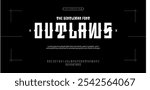 font The Outlaws is Craft vintage typeface design. Graphic display alphabet. Fantasy type letters. Latin characters, numbers. Vector illustration. Old badge, label, logo template. American gang style