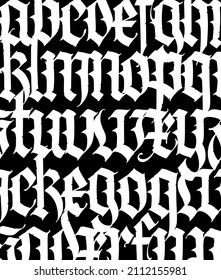 Font pattern, medieval gothic. Vector. European modern gothic. White letters on a black background. All letters are handwritten with a pen. Lower case. Ornament for packaging and clothing.