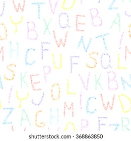 Font pencil crayon. ABC chalk letters seamless pattern for print on fabric, wrapping paper etc. Handwritten vector illustration can be copied without seams. School theme.