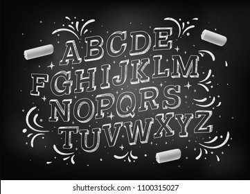 Font pencil vintage alphabet drawing with chalk on chalkboard background. Vector illustration.