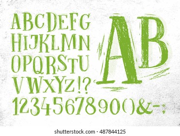 Font Pencil Vintage Alphabet Drawing In Green Color On Dirty Paper Background.