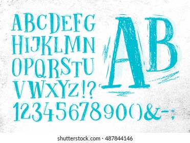 Font Pencil Vintage Alphabet Drawing In Blue Color On Dirty Paper Background.